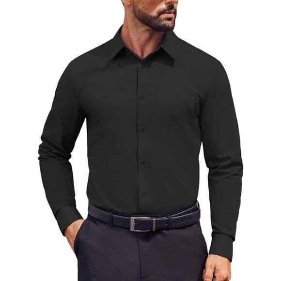 Coofandy Men Black Long Sleeve Formal Fit Business Button Down Shirts - Picture 1 of 7